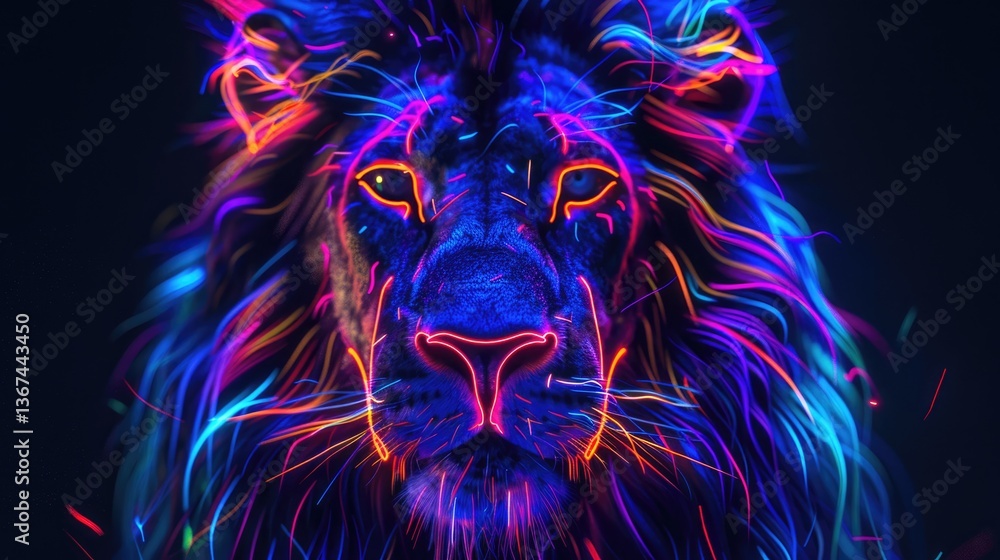 Neon illustration of a lion in glowing blue and pink tones on a dark background. A digital art style that emphasizes the ferocious gaze of a lion and a majestic mane. Zodiac sign. Neon illustration of a lion in glowing blue and pink tones on a dark background. A digital art style that emphasizes the ferocious gaze of a lion and a majestic mane. Zodiac sign.