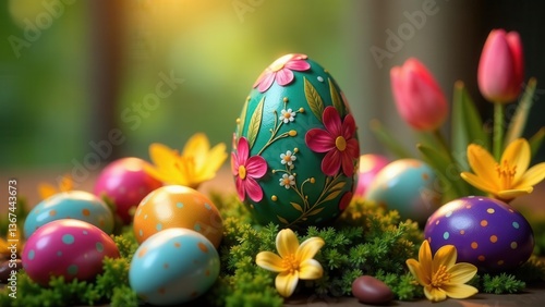 A Festive Collection of Decorated Eggs Nestled Amongst Spring Blossoms and Lush Greenery