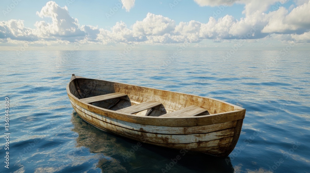 Small empty wooden boat floating on calm water under cloudy sky Small empty wooden boat floating on calm water under cloudy sky