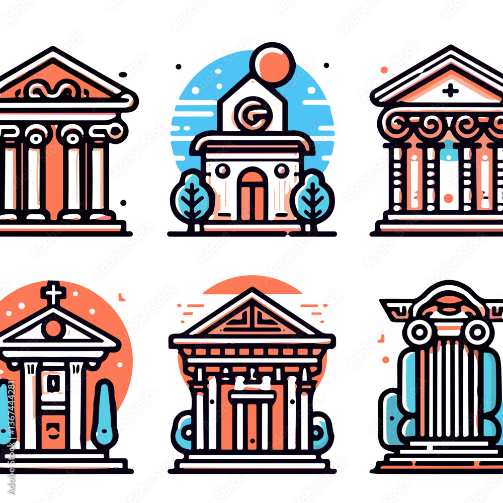 Architectural Illustrations of Ancient Buildings in Colorful Style Architectural Illustrations of Ancient Buildings in Colorful Style