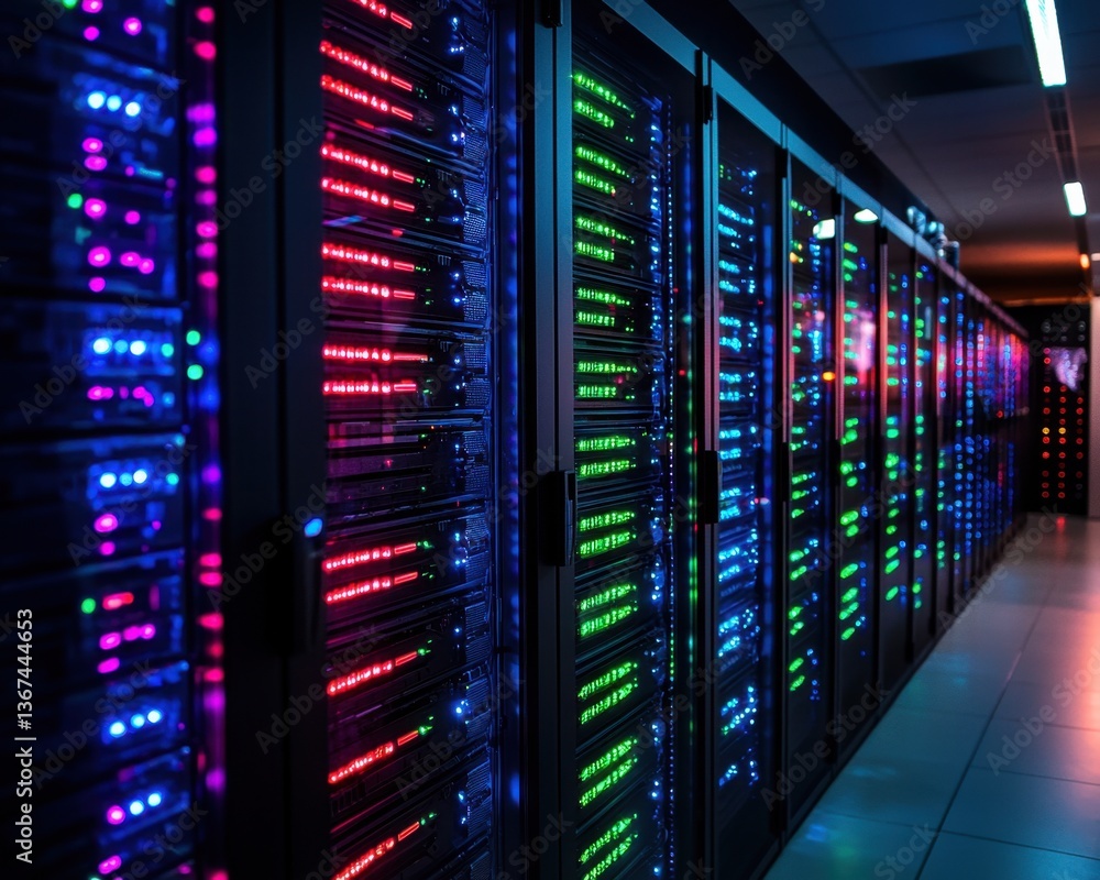 A high-tech server room filled with racks of colorful, illuminated servers, showcasing modern data storage and processing technology. A high-tech server room filled with racks of colorful, illuminated servers, showcasing modern data storage and processing technology.