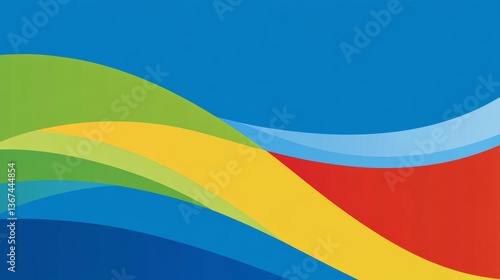 Vibrant abstract waves in blue, green, yellow, and red create dynamic background