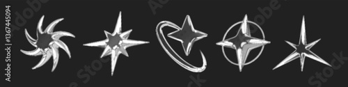 Y2k 3d chrome halftone stars shape retro abstract elements vector illustration set. Chrome silver 3d metallic halftone semitone retro effect collection. Y2k space various star retro futuristic shapes.