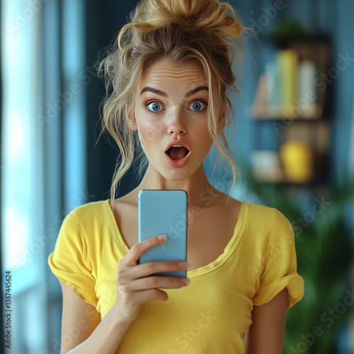 The girl looks at her smartphone with a surprised and excited expression on her face. Generative AI