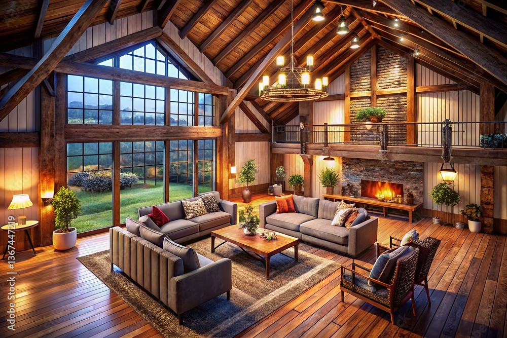 Cozy Barn Home Interior Mockup: Drone View 3D Render - Rustic Farmhouse Design Cozy Barn Home Interior Mockup: Drone View 3D Render - Rustic Farmhouse Design