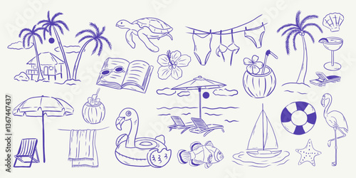 Hand drawn sketch style summer vacation collection. 
