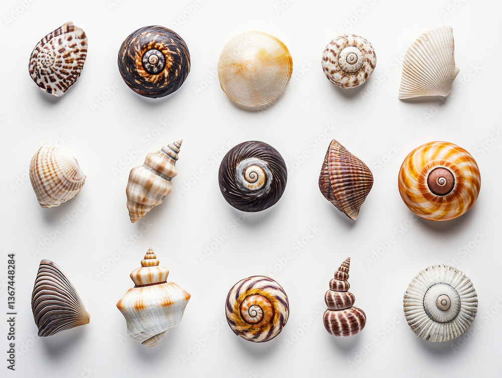 Colorful collection of sea shells arranged on a white background Colorful collection of sea shells arranged on a white background