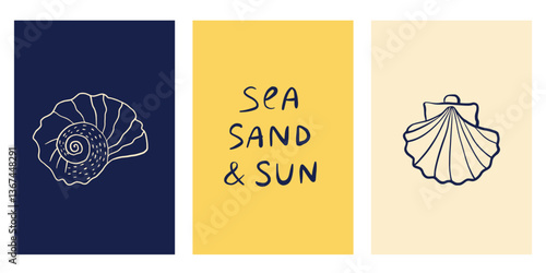Set of background with hand drawn ink seashells. Summer coastal design elements for trendy poster, invitation, banner, menu cover.
