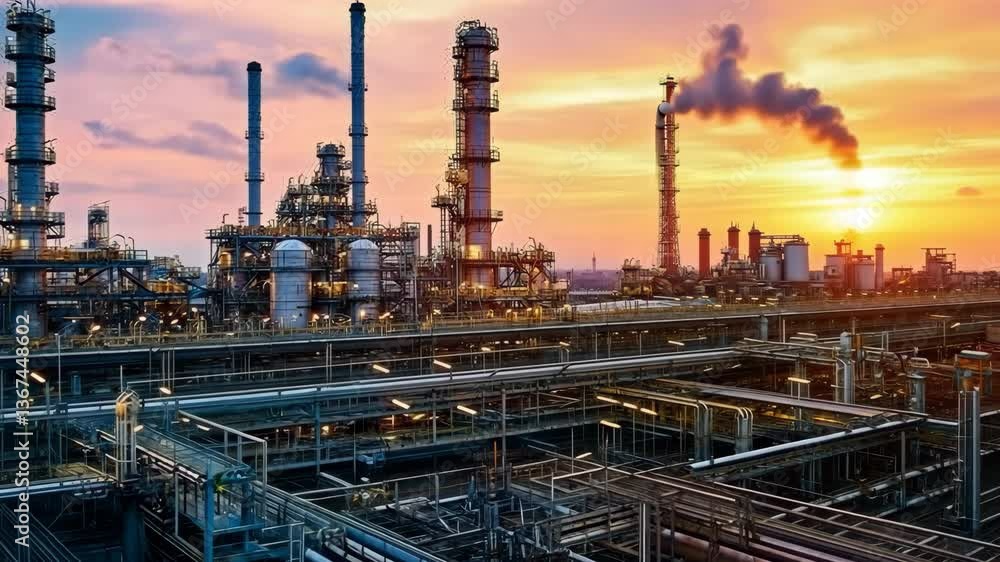 Large storage tanks and an intricate system of steel tubes characterise this industrial oil refinery.