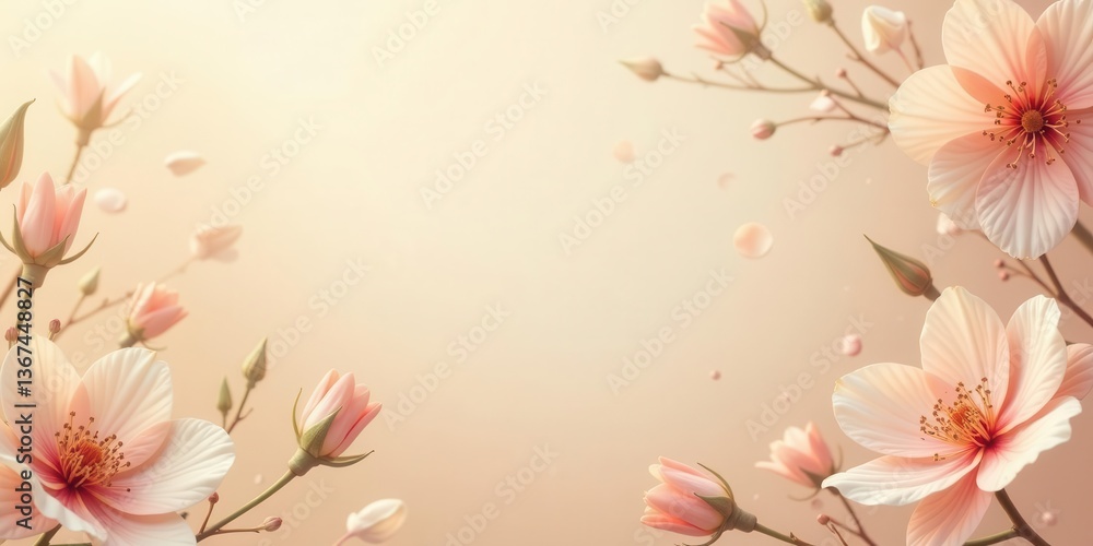 Fototapeta premium Pastel Blossom Frame Delicate Pink Flowers and Falling Petals on a Soft Background