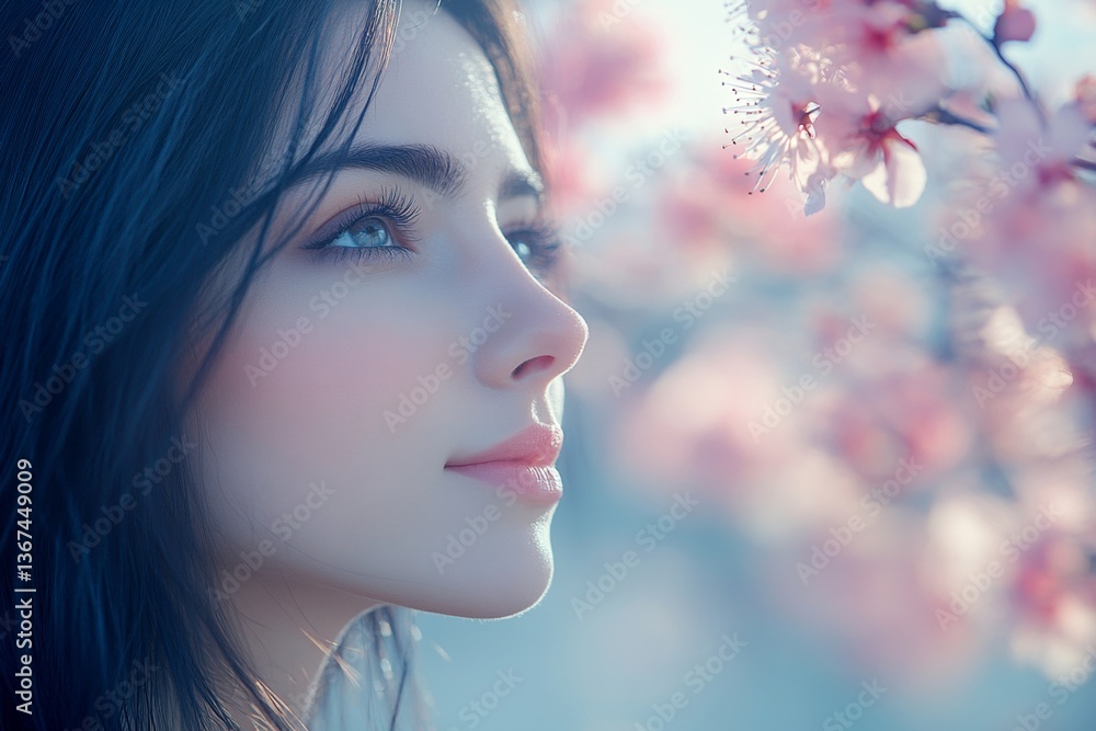 Spring mood, dawn light and fog. Commercial ad campaign conceptual art. Gorgeous caucasian young woman surrounded by cherry blossoms. Bright woman in blooming spring garden. Spring mood, dawn light and fog. Commercial ad campaign conceptual art. Gorgeous caucasian young woman surrounded by cherry blossoms. Bright woman in blooming spring garden.