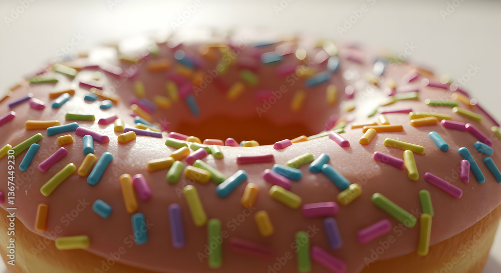 Close Up Of A Sprinkled Pink Icing Donut Close Up Of A Sprinkled Pink Icing Donut