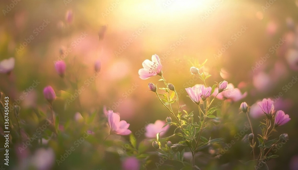 Fototapeta premium Pink Flowers in a Field at Sunset