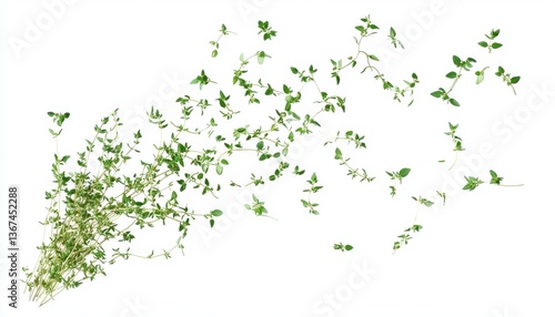 Scattered Fresh Thyme Sprigs on White Background