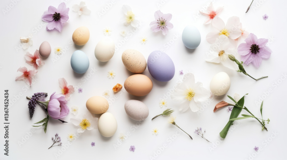 Minimalist Easter flat lay with pastel eggs and spring flowers on white, perfect for modern branding, luxury packaging, and social media Minimalist Easter flat lay with pastel eggs and spring flowers on white, perfect for modern branding, luxury packaging, and social media