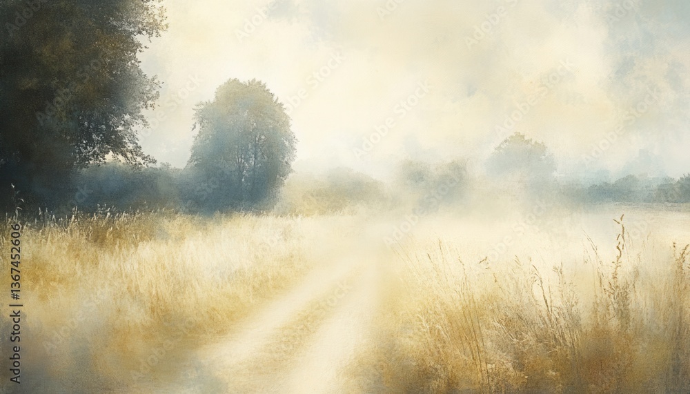 Fototapeta premium Serene Summer Landscape: Golden Field Path Through Misty Trees