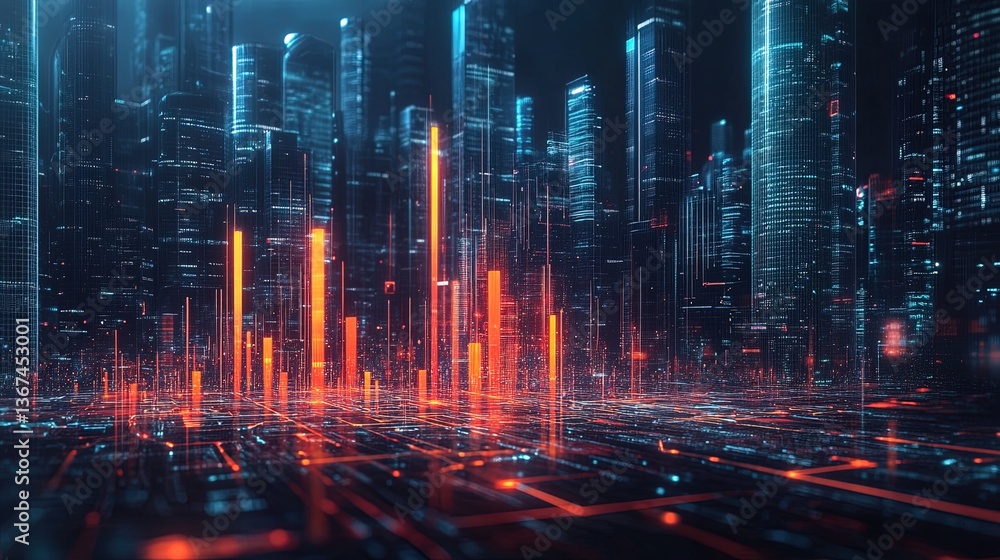 A futuristic bar chart displayed as growing skyscrapers in a sci-fi cityscape A futuristic bar chart displayed as growing skyscrapers in a sci-fi cityscape
