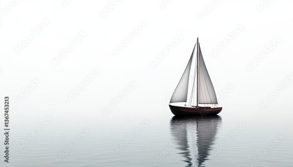 Fototapeta premium Small Sailboat on Calm Sea Under a White Sky