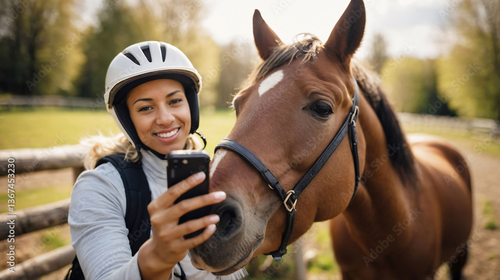 Obraz premium Woman standing next to horse at the horse stud in countryside. Equestarian and horseback riding hobby. Woman horse rider