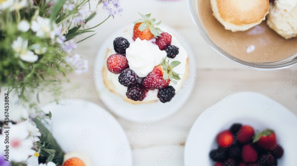 Delightful summer desserts showcasing local berries at a charming farmers market table with herbs and wildflowers Delightful summer desserts showcasing local berries at a charming farmers market table with herbs and wildflowers