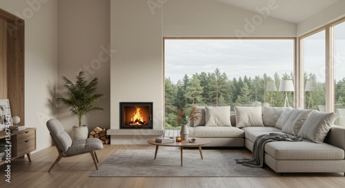 Modern Cozy Living Room with Fireplace and Forest View