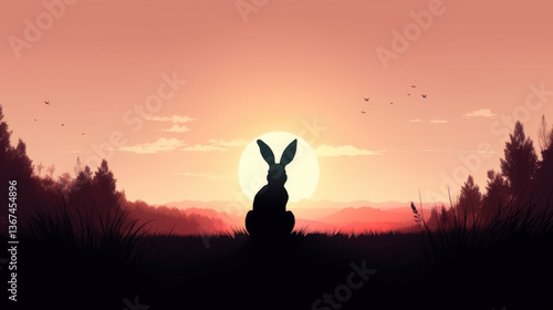 Minimalist Easter bunny silhouette in sunset meadow with soft glow, perfect for wall decor, greeting cards, and spring advertising