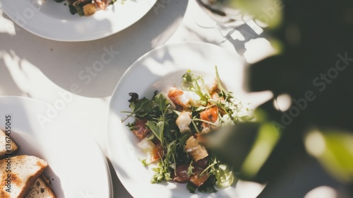 Vibrant summer panzanella salad featuring grilled vegetable tops, wilted greens, and stale bread with compost ready scraps set aside
