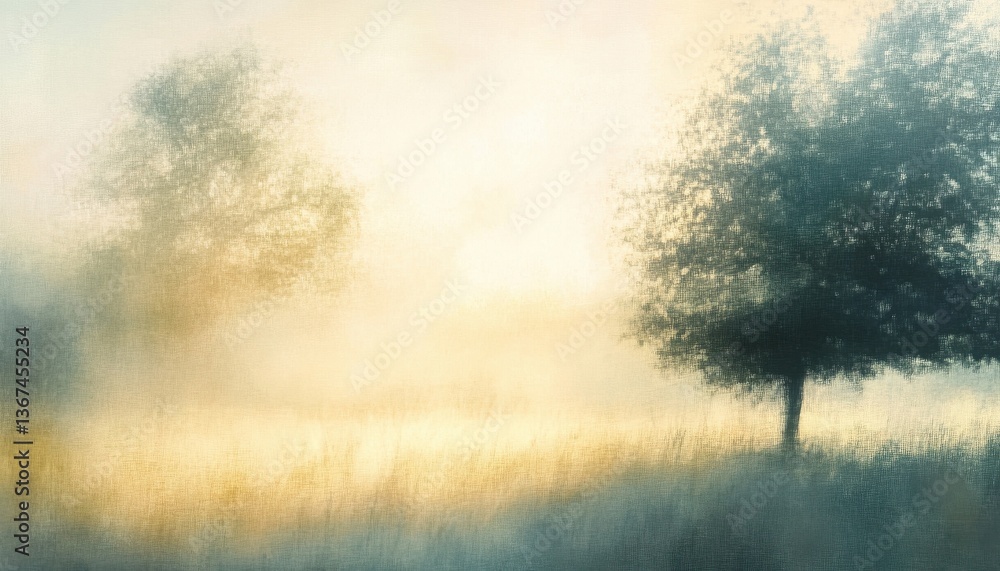 Fototapeta premium Two Trees in Misty Field at Sunrise