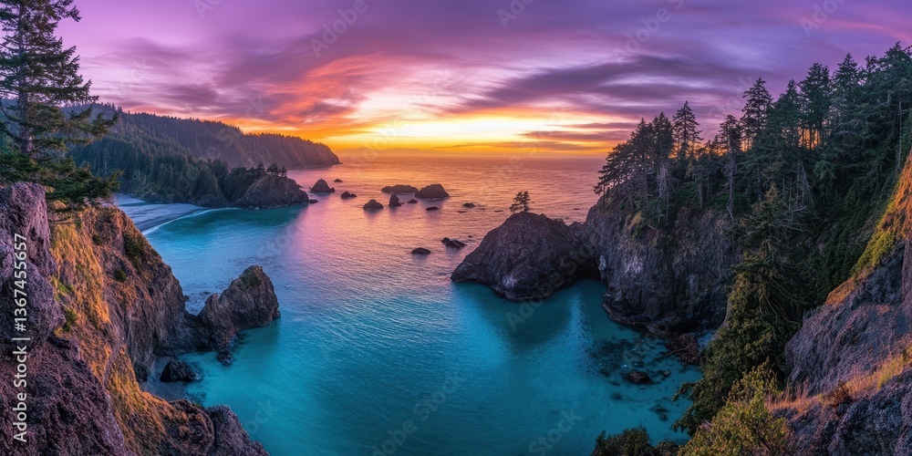 Fototapeta premium A stunning coastal sunset with vibrant colors over rocky cliffs and calm waters.