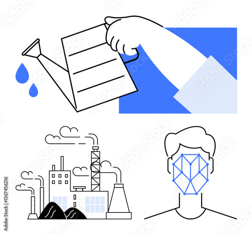 Hand watering document symbolizing growth, modern factories expelling emissions, geometric human face outline. Ideal for sustainability, technology, innovation, industrialization, AI, data analysis