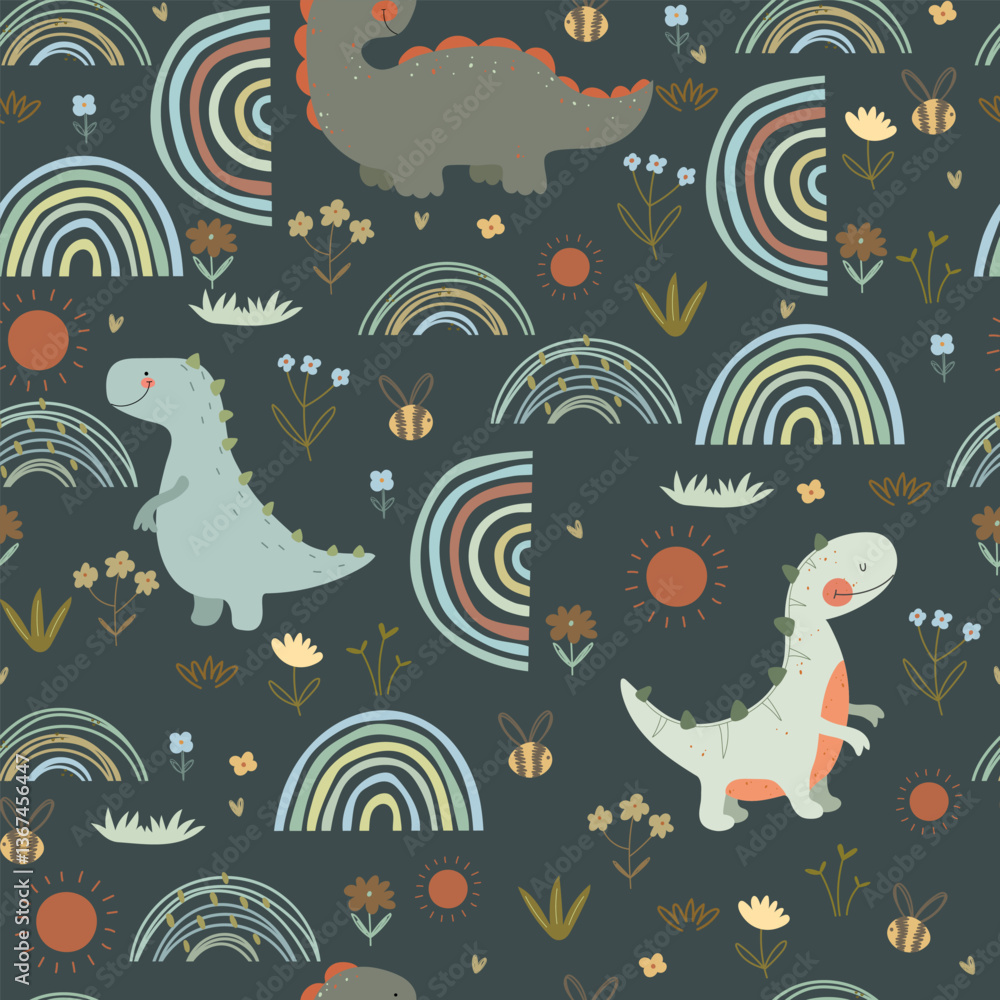 Obraz premium Seamless pattern with dino , many flowers and plants, bee, sun and rainbows. Cute vector illustration for kids.