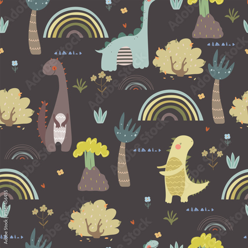 Hand drawn dino , volcano, cartoon plants and rainbows, seamless pattern. Cute vector illustration for kids.
