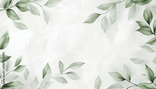 Watercolor Green Leaves Frame on White Background