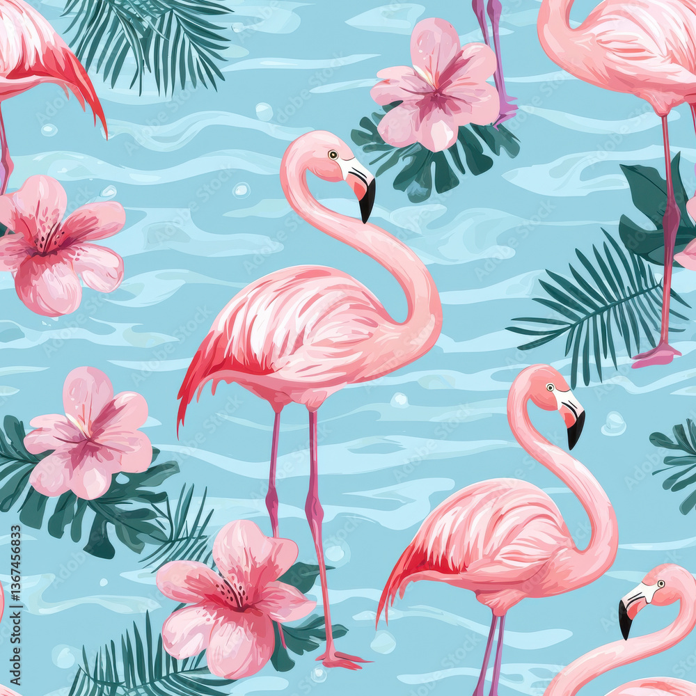 Obraz premium Pink flamingos standing gracefully with tropical flowers and leaves on blue background, Cute Textile Seamless Pattern Background