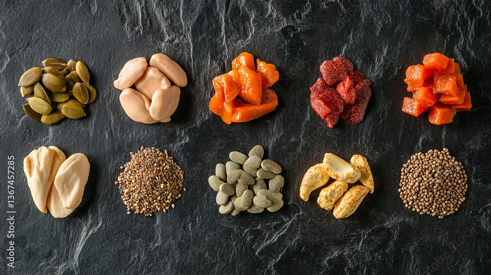 Fototapeta premium An overhead shot of ten piles of various seeds and nuts on a dark textured surface in an organized way