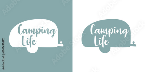 Logo con mensaje Camping life en silueta de remolque de caravana para viajes de campamento