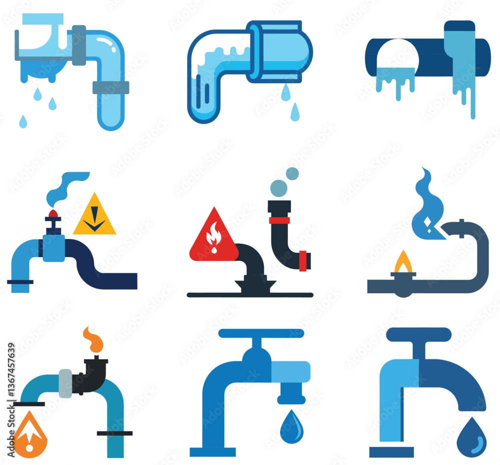 Fototapeta premium Vector plumbing icons illustrate an isolated 3D set of metal water pipes and valves for bathroom equipment