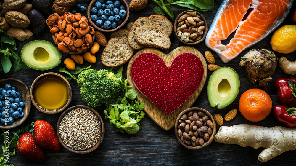 An overhead shot of a variety of healthy foods arranged around a heart shaped cutting board on wood An overhead shot of a variety of healthy foods arranged around a heart shaped cutting board on wood
