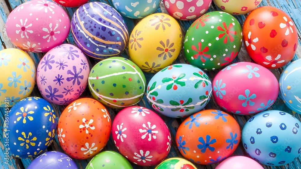 Vibrant Hand-Painted Easter Eggs with Unique Artistic Patterns Colorful Designs Arranged on Rustic Blue Wooden Surface with Festive Spring Elements for a Cheerful and Joyful Easter Holiday Celebration Vibrant Hand-Painted Easter Eggs with Unique Artistic Patterns Colorful Designs Arranged on Rustic Blue Wooden Surface with Festive Spring Elements for a Cheerful and Joyful Easter Holiday Celebration