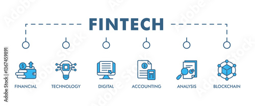 FINTECH banner web icon vector illustration concept with icon of financial, technology, digital, accounting, analysis and blockchain