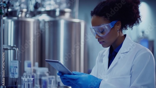 A scientist in a white coat and blue gloves, wearing safety goggles, is using an iPad to make data entries. Large metal fermentation tanks are visible in the background