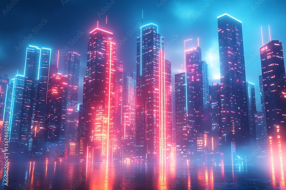 Fototapeta premium Neon promotional text floating above a futuristic cityscape with glowing skyscrapers