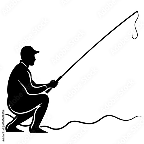 Silhouette of a person fishing by the riverbank, set against a white background 