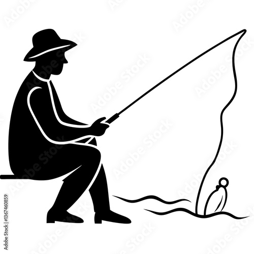 Silhouette of a person fishing by the riverbank, set against a white background 