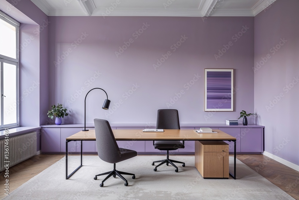 Minimalist Office Design with Soothing Lavender Walls and Spacious Layout Minimalist Office Design with Soothing Lavender Walls and Spacious Layout