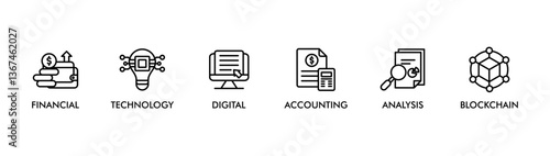 FINTECH banner web icon vector illustration concept with icon of financial, technology, digital, accounting, analysis and blockchain