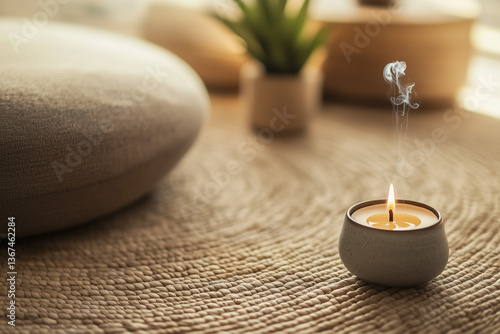 A burning candle in a ceramic holder on a textured rug, with a meditation cushion in muted tones. Soft light and warm hues create a tranquil and calming atmosphere
