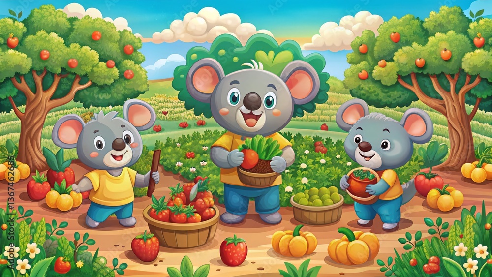 Naklejka premium Cute Koala Farmers Harvesting Fruits & Vegetables Cartoon Illustration