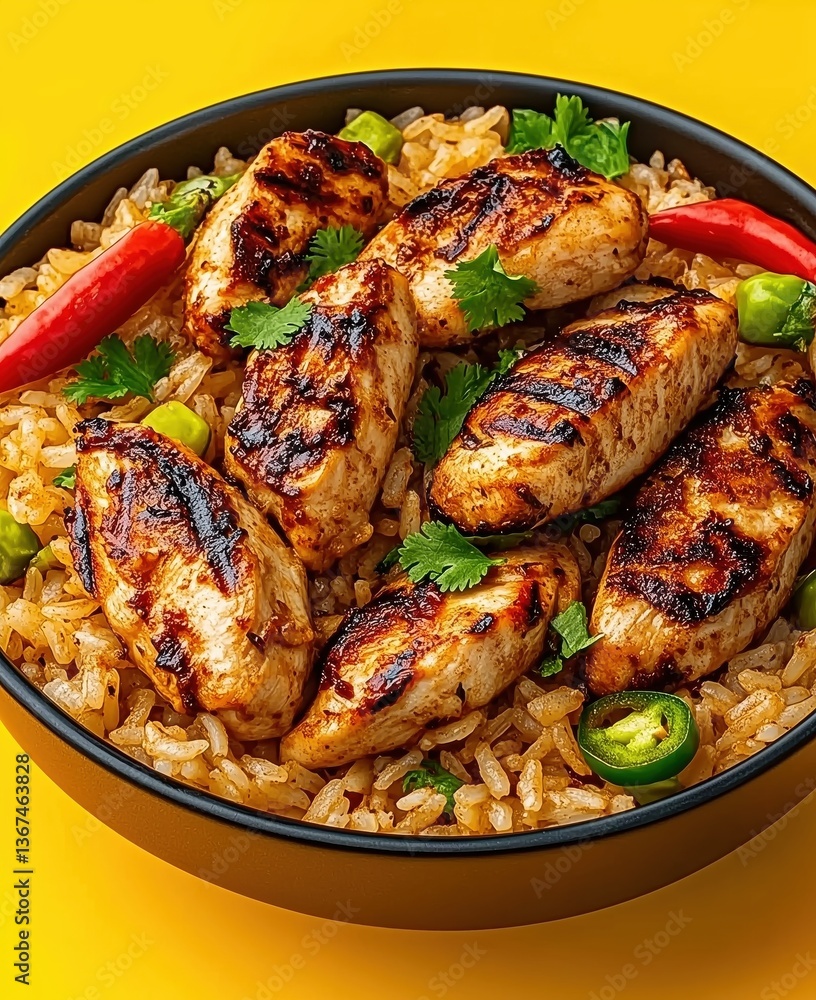 Fototapeta premium Delicious Grilled Chicken Served Over Flavorful Rice with Fresh Vegetables Against a Bright Yellow Background