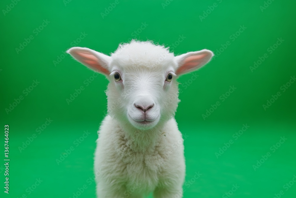 Fototapeta premium An adorable lamb is looking directly into the camera on green